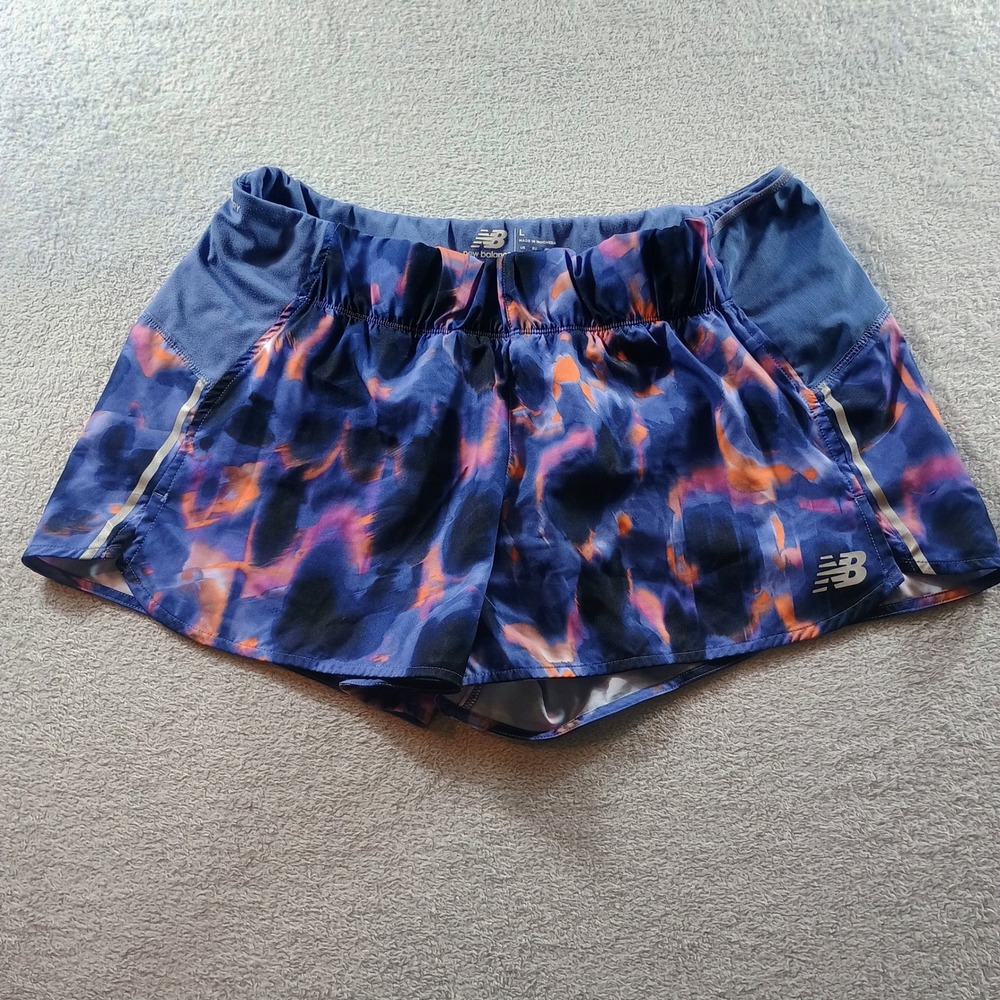 New Balance Womens NB Dry Running Shorts Blue Abstract‎ L Reflective Pocket